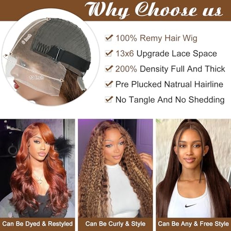 13x6 Straight Lace Front Wigs Human Hair Chocolate Brown Lace Front Wigs Human Hair Pre Plucked 200% Density Colored #4 Brown Wig HD Lace Frontal Wigs for Women 24Inch