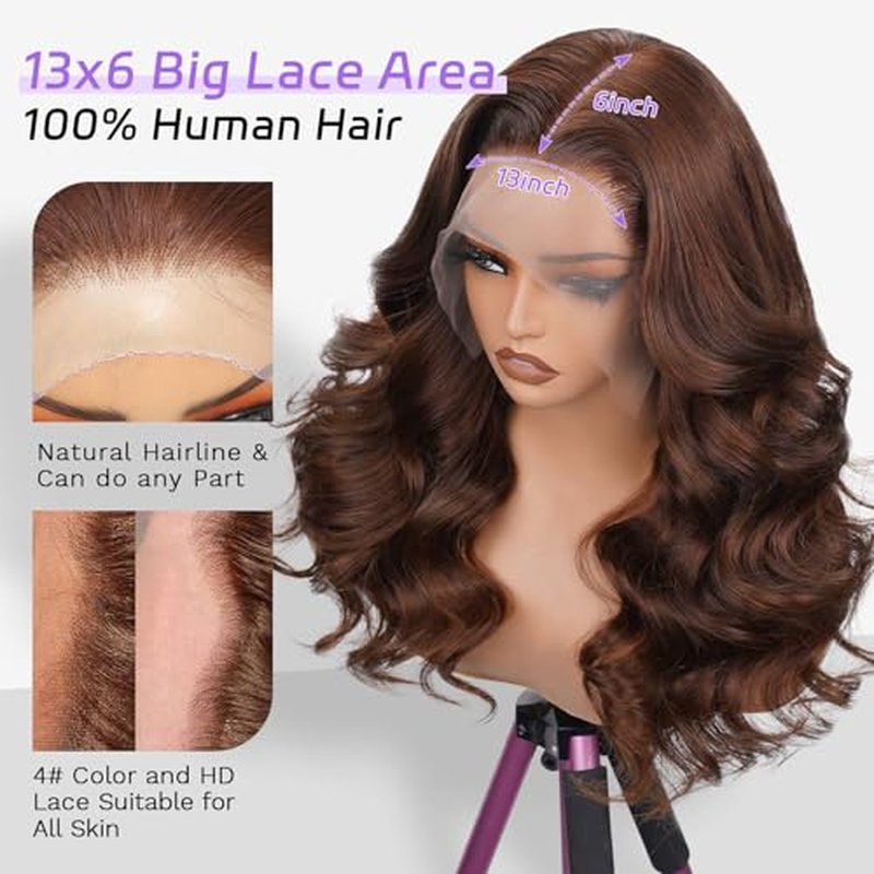 250 Density Body Wave Chocolate Brown Wig, 13x6 Lace Front Wigs Human Hair Pre Plucked, 100% Real Human Hair 4# Brown Wig for Women 18 Inch