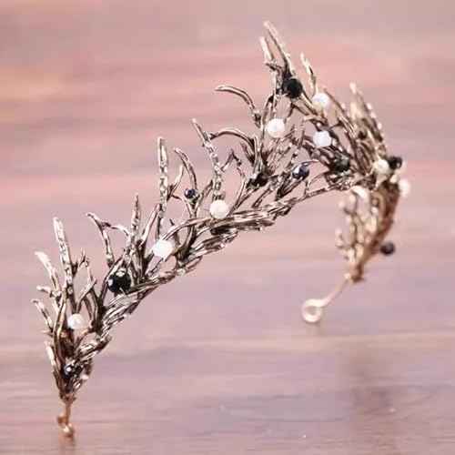 Women Black Hair Crown Vintage Wedding Tiaras Gothic Elf Headpiece Fancy Dress Headband for Bridal Carnival Prom Halloween Birthday Christmas Party Costume Accessories