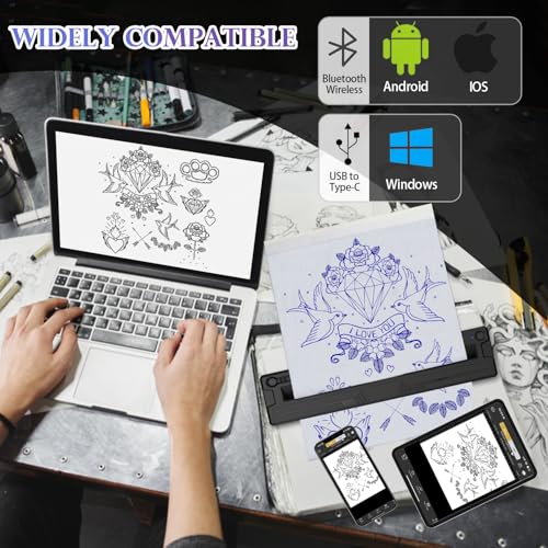 Wireless Tattoo Stencil Printer, Portable Bluetooth Thermal Tattoo Printer with App Custom-Size¡Â?A4, Print Realistic Portraits, 10 Transfer Papers Included, Works for Phone/Tablet/PC - Black