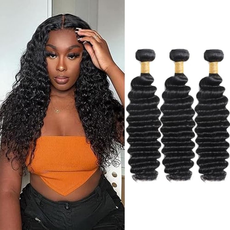 Savasana 12A Human Hair Bundles 16 18 20 Inch 3 Deep Wave Bundles, 100% Unprocessed Brazilian Virgin Human Hair Raw Hair Quick Weave Installation Real Human Hair for Women Natural Black