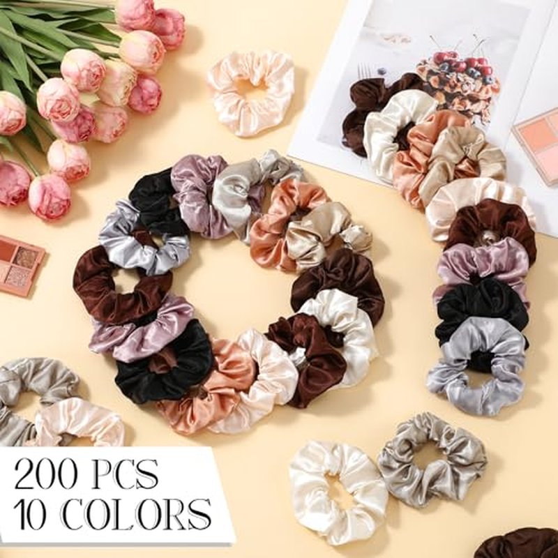 Hoteam 200 Pieces Satin Hair Scrunchies Bulk for Ponytail Holder Solid Color Satin Hair Tie Hair Elastics Bands for Women Teens Birthday Gift (Brown)