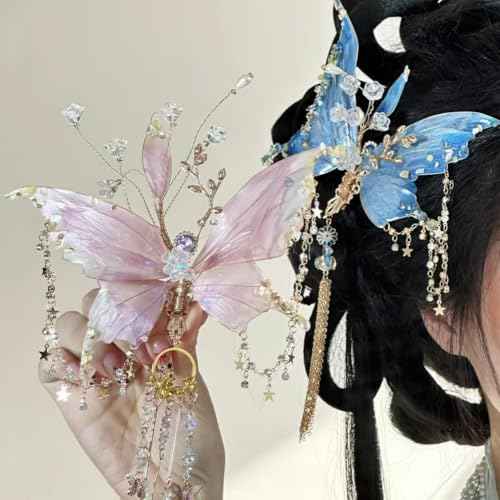 Fairy Butterfly Hair Clip - Pink Butterfly Wings Hair Accessories with Tassel Elven Hair Clamp Elf Claw Clip for Photoshoot Prom Wedding Fantasy Costume Cosplay,Lightweight and Durable