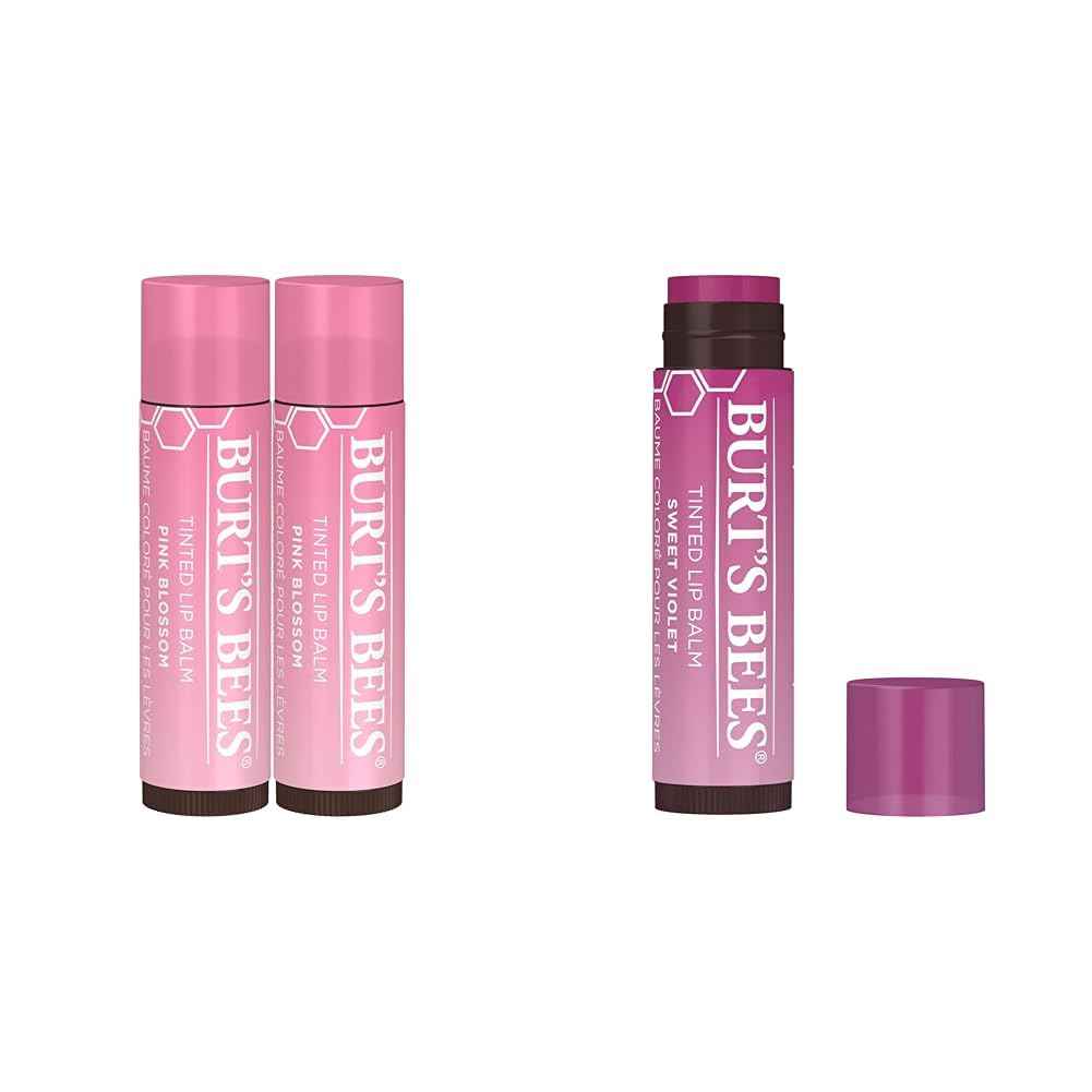 Burt's Bees 2-Pack Tinted Lip Balm Duo with Pink Blossom and Sweet Violet Shades, Long Lasting Hydrating Formula