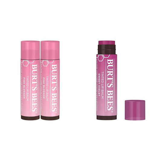 Burt's Bees 2-Pack Tinted Lip Balm Duo with Pink Blossom and Sweet Violet Shades, Long Lasting Hydrating Formula