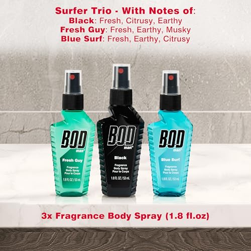BOD man Body Spray Holiday Gift Set for Him - 3 Piece Variety Sampler (Black, Fresh Guy, Blue Surf), Perfect for Stocking Stuffers