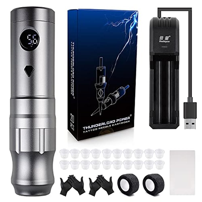 Cordless Tattoo Machine Pen Kit -BIOMASER Rotary CORELESS Tattoo Machine Pen with Two Batteries 20pcs Cartridges needle for Professionals and Beginners Tattoo Artists