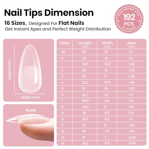 Beetles Tipex Instant Apex Nail Tips Almond Medium Acrylic Nail Tips, Pre-Etched Pre-Building Strong Thick Long Lasting,16 Sizes,192 Pieces