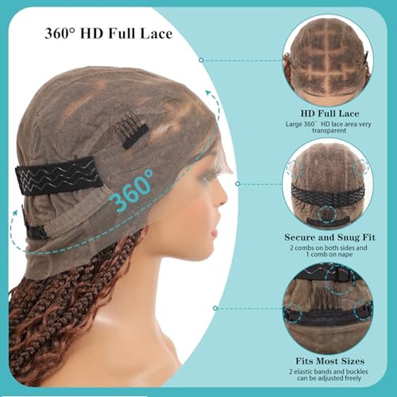 Kalyss HD Full Lace Boho Braided Wigs for Women 360 Lace Front Box Braided Wigs with Baby Hair Brown Premium Synthetic Knotless Braid Wig 36"