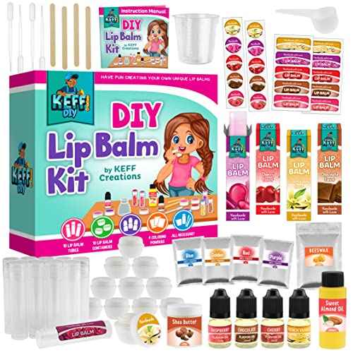 KEFF 51Pcs Lip Balm Making Kit - DIY Set for Natural Ingredients - Make Your Own Lip Gloss & Lip Balm for Kids Makeup Kit with Beeswax, Shea Butter, Flavor Oils, Mica Color Powders