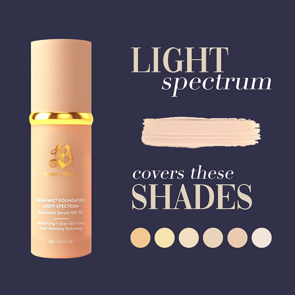 Forever Bloom Bio Mimic Foundation Light Spectrum SPF50 hydrates, conceals and evens tone with a lightweight, anti-aging finish for mature, sensitive skin—perfect for gym, sports or dance