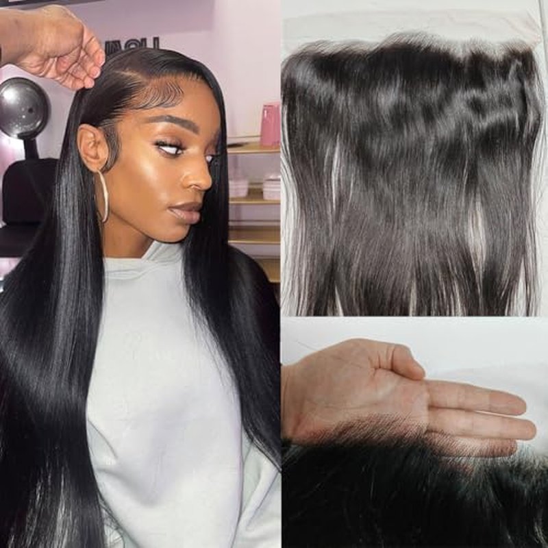 HD Skinlike 13x4 Human Hair Lace Frontal Only Pre-plucked Straight Invisible Swiss Lace Front Skin Melt Frontals with Baby Hair Thin Natural Black Hair(13 * 4 NC Straight)