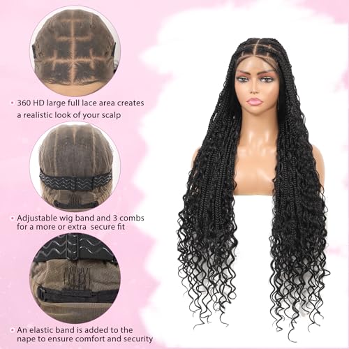 Kalyss 360¡Æ HD Full Lace Knotless Boho Braided Wigs for Women Box Braid Wig with Baby Hair Premium Synthetic Long Black Lace Front Braided Wigs (36 Inch)