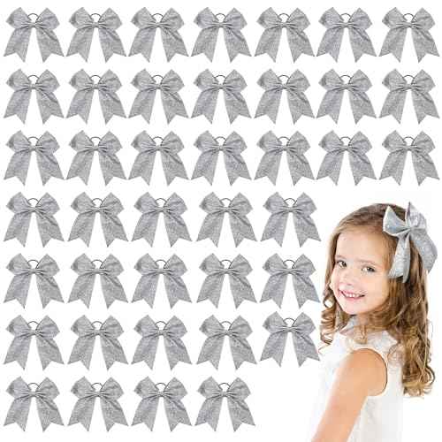 Yunsailing 40 Pcs 8 Inch Large Glitter Cheer Hair Bows Bulk, Shiny Cheerleading Bows Ponytail Holder for Cheerleader Girls Softball Sports and Christmas Tree Decor(Silver)