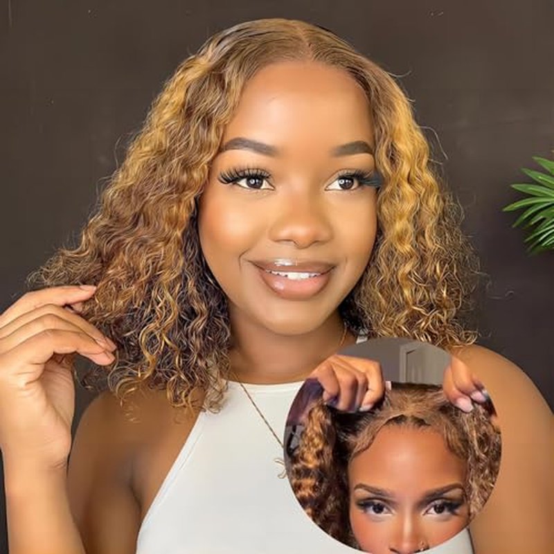 ISEE Wear and Go Glueless Wigs Bob Water Wave Human Hair Pre Plucked Pre Cut Ombre Highlight Bob Wig Human Hair for Women 180% Density Transparent Lace Front Wigs Ready to Wear for Beginners 14 Inch