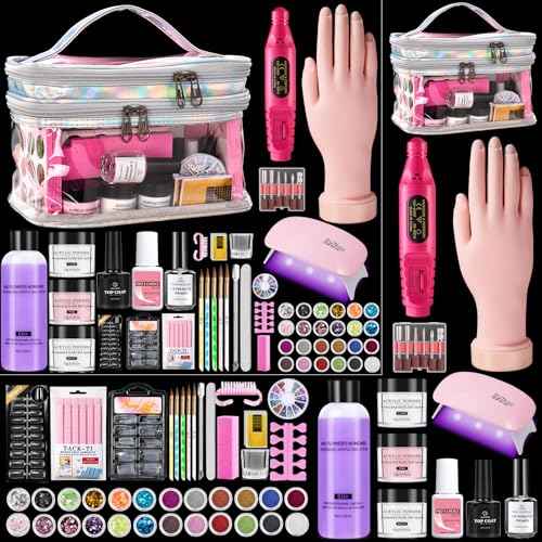 Nail Kit for Beginners with Everything: Professional Nail Acrylic Powder Liquid Set with Practice Hand Drill U V Light in Cosmetic Bag for Women Salon Home (Silver)