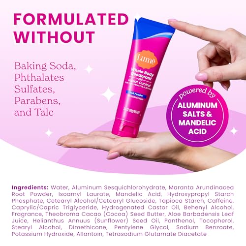 Lume Whole Body Deodorant Plus Sweat Control - Smooth Cream Tube - 72 Hour Odor And Sweat Control - Baking Soda Free, Skin Loving - 3.0 ounce (Pack of 2) (Soft Powder)