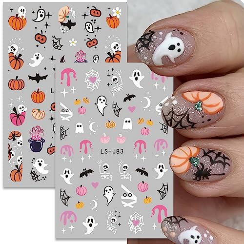 Halloween Nail Art Stickers Cute Ghost Pumpkin 3D Self-Adhesive Nail Decals Bat Cat Skull Designs Nail Decorations Halloween DIY Manicure Supplies for Women Girls&Kids 6Pcs