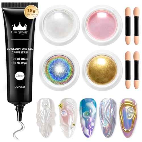 3D Nail Gel Art BISHENGYF - Rose Gold Chrome Nail Powder 15g 3D Nail Gel with Laser White Nail Powder Non-Sticky Clear 3D Sculpting for Art Home DIY