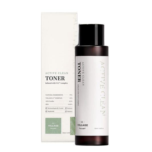 Village 11 Factory Active Clean Toner AHA BHA Acne and Oily Skin Gentle ph Hydrating and Exfoliating Korean Skincare (4.06 fl oz/120ml)