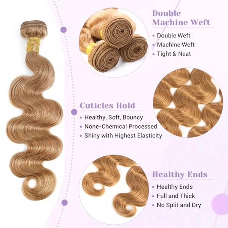 27# Honey Blonde Body Wave Bundles 100% Real Human Hair Bundles 14 16 18 Inch For Quick Weave Double Weft Can Be Dyed and Restyled