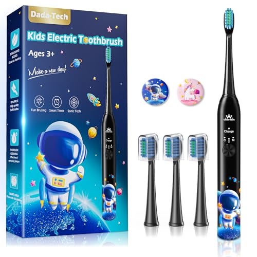 Kids Electric Toothbrush Rechargeable Age 3-5-6-12-18 Year Old, Sonic Toothbrush Kids with Timer 3 Modes 4 Vibrating Heads Habit Stickers Tooth Brush for Girls Boys and Childrens (Astronaut Black)