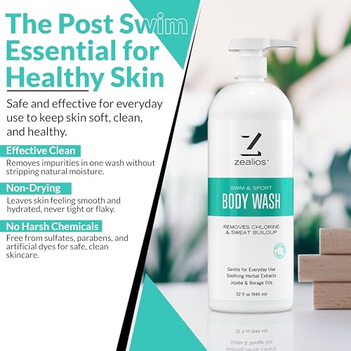 Zealios Swim & Sport Body Wash for Swimmers & Athletes 32oz Skin Care Solution for Men & Women, Removes Chlorine, Sweat & Odor, Provides Cleansing and Hydration from Pool Chemicals, Light Citrus Scent