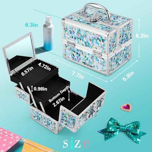 FRENESSA Makeup Case Train Case Portable Kids Makeup Box with Mirror Lock Box Travel Cosmetic Train Cases Hard Makeup Organizer for Girls Nail Craft Storage Vanity Mosaic Puzzle