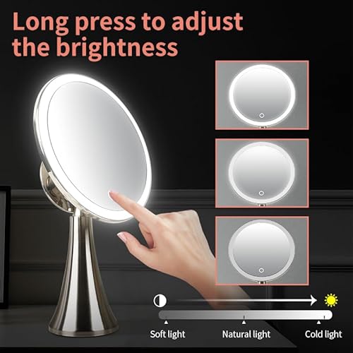 Surdy 9" Lighted Makeup Mirror, 5x/10x Dual Magnifying Mirror w/ 3 Color, Brightness Adjustable,360¡Æ Rotation, 4000 mAh Rechargeable, Women Gift, Vanity Mirror