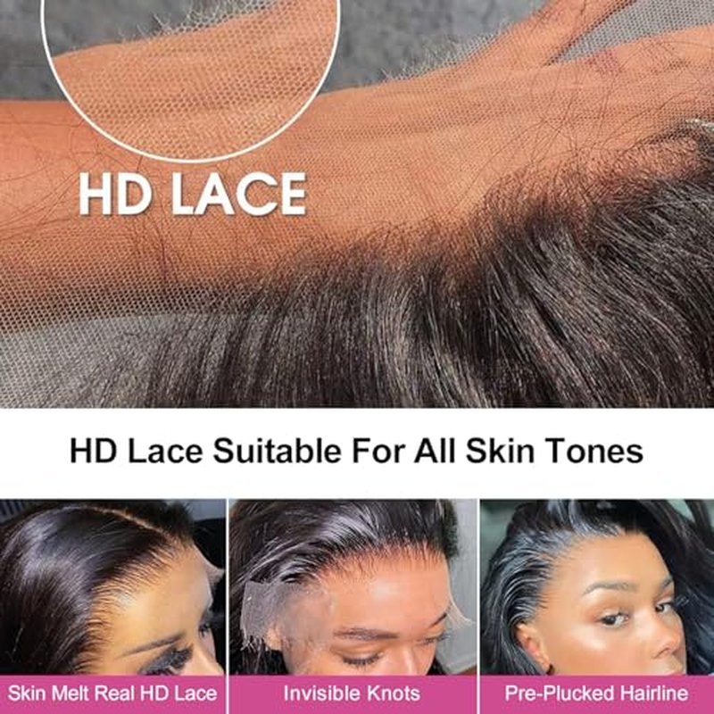 210% Density 13x6 Full Lace Frontal Wigs Human Hair 12A Body Wave Brazilian Virgin Human Hair Pre Plucked HD Transparent Lace Glueless Wigs Human Hair with Baby Hair 16 Inch
