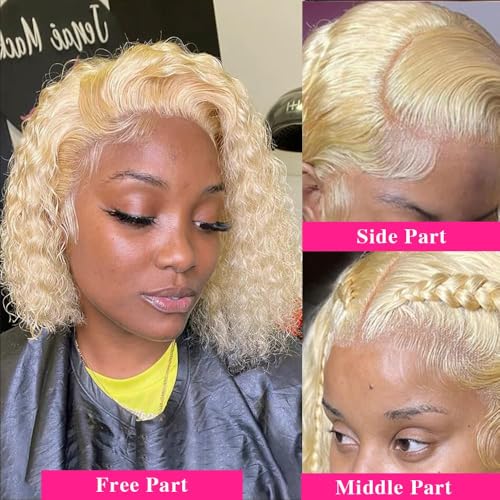 Blonde Bob Wig Human Hair 613 13x6 Lace Front Wig Human Hair Short Curly Bob Wigs for Black Woman Glueless Wigs Human Hair 613 Frontal Wigs Pre Plucked With Baby Hair180% Density (14 Inch)