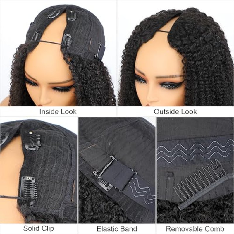 ISEE V Part Human Hair Kinky Curly Minimal/No Leave Out Upgrade U Part Wig for Black Women Human Hair V Shape Wig Kinky Curly Thin Part Glueless Clip In Half Wig 180% Density Natural Color 16 Inch