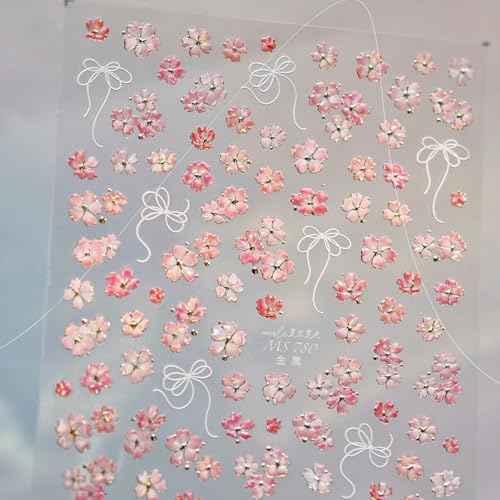 5D Embossed Pink Flower Nail Stickers Self-Adhesive Spring Summer Nail Art Stickers White Bow with Cherry Blossoms Gold Glitter Design Nail Art Supplies Floral Nail Decals for Women Acrylic Nails