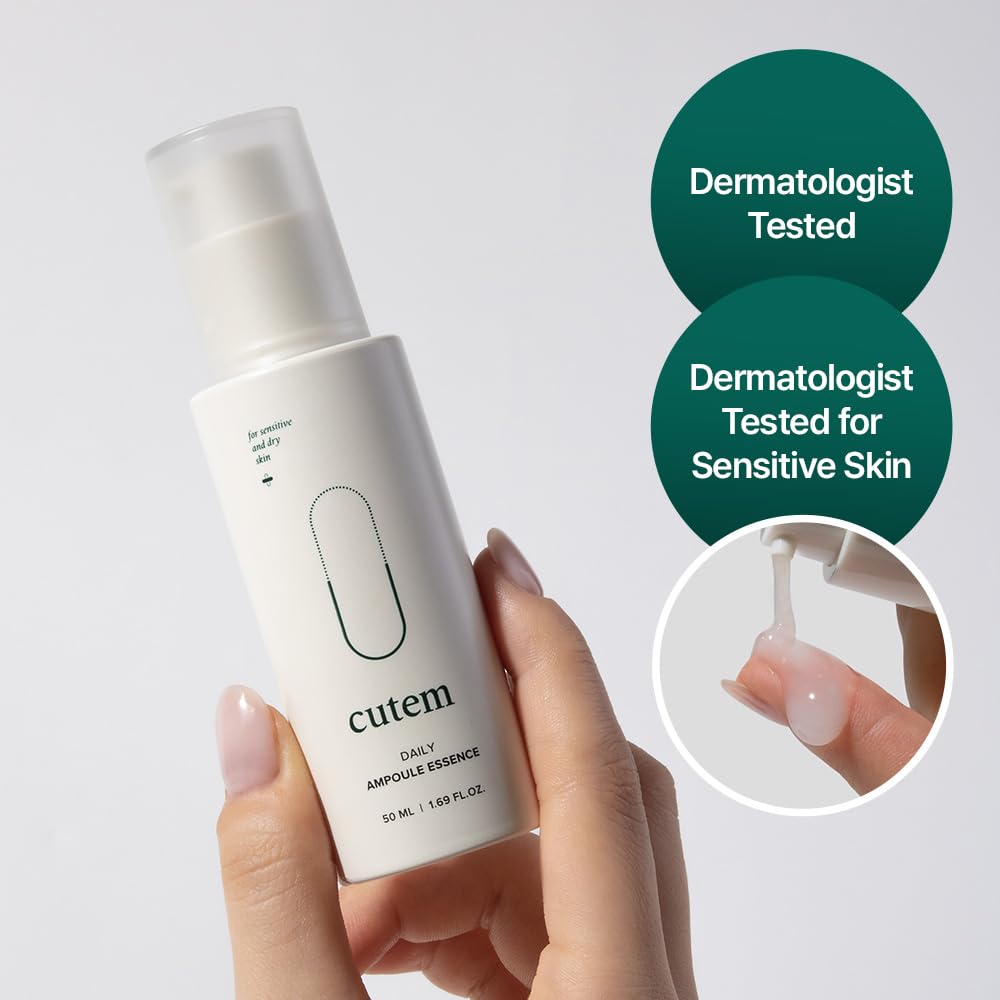 Cutem Daily Ampoule Essence (1.69fl oz) - Immediate Calming, Hydrating Serum. Sensitive Korean Skin Care. Peptides, Ceramide, Hyaluronic Acid.