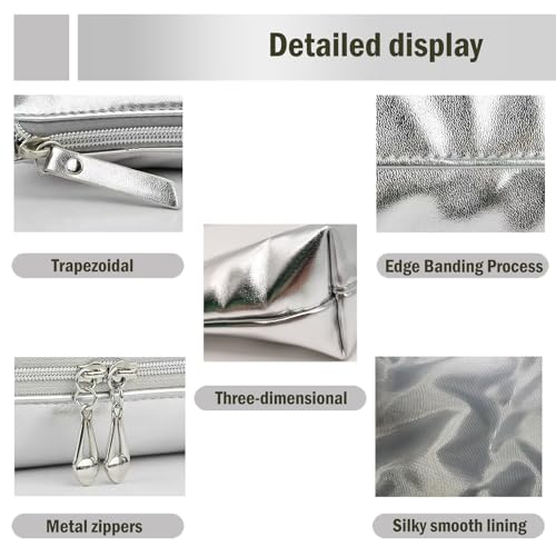 3pcs Make up Bag Set Travel Makeup Bags for Women Leather Cosmetic Bag Toiletry Organizer Bag Personalized Makeup Pouch Skincare Bag Silver