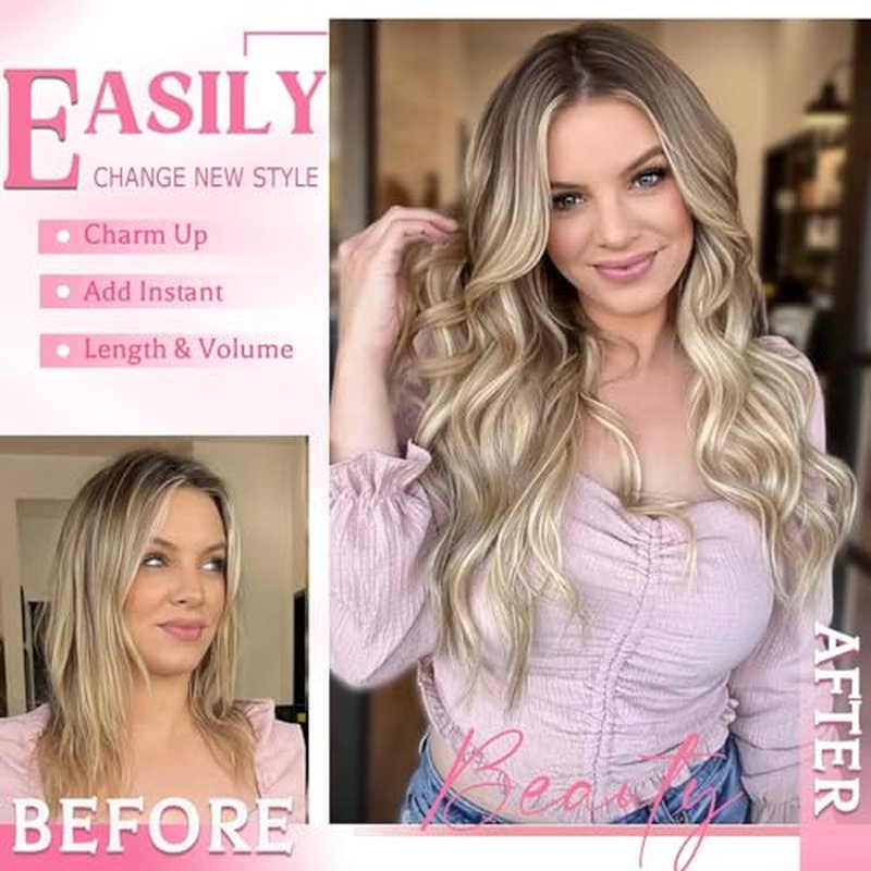 Clip in Hair Extensions Real Human Hair, Seamless Clip ins Real Human Hair for Women, Remy Human Hair Clip in Extensions, Double Weft 8pcs 20 inch Light Blonde Highlighted Golden Blonde