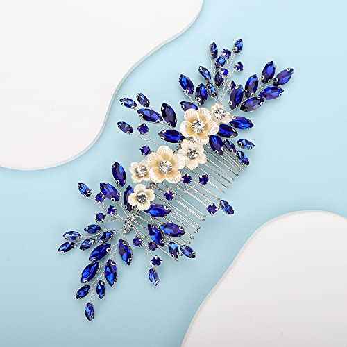 Bridal White Flower Blue Crystal Rhinestone Hair Comb for Bride Bridesmaid Sliding side Headpieces Wedding Hair Accessories for Women and Girls (Blue)