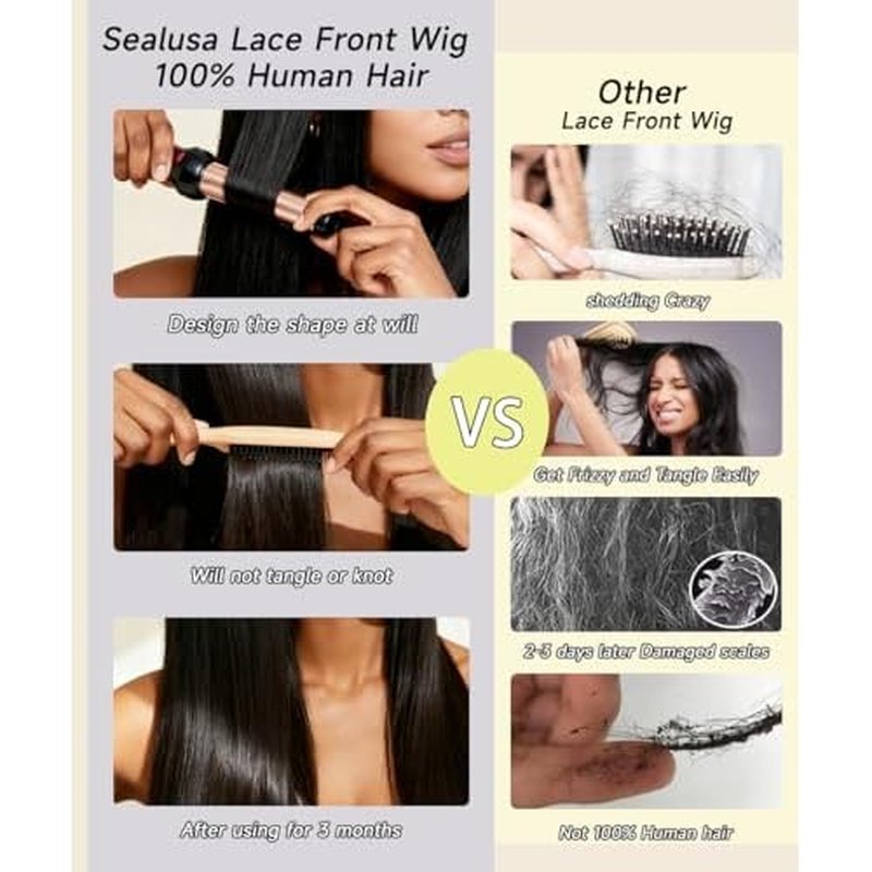 Sealusa 13x6 Lace Front Wigs Human Hair 100% Unprocessed Brazilian Virgin Hair Straight Human Hair Wig 200% Density Can Be Dyed And Restyled Vertical Smooth Natural Color With Baby Hair 22 Inch
