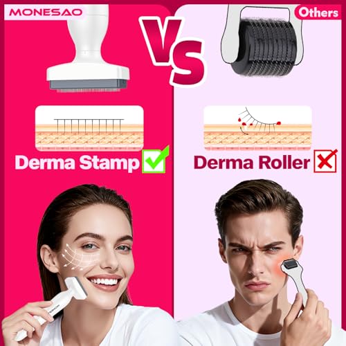 Derma Stamp, MONESAO Microneedling Stamp for Skin Face Hair Scalp Beard, Microneedle Dermastamp Tool with 2 Replacement Heads, Micro Needling Stamp Kit for Women and Men