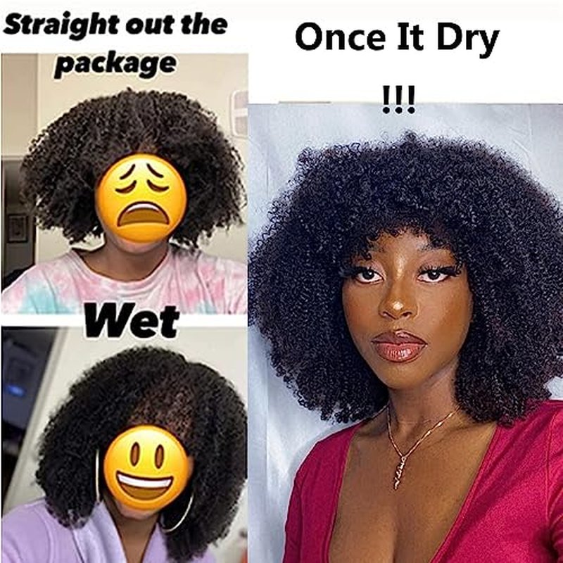 Afro Kinky Curly Wig with bangs Glueless Scalp Top Full Machine Made Human Hair Wigs for Black Women 200Density Kinky Curly Brazilian Human Hair Wig 14inch Natural Color