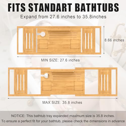 Bathtub Tray Caddy,Premium Bamboo Expandable Bath Tub Trays Table, Foldable Bathroom Accessories,Great House Warming, Anniversary and Birthday Gifts,Natural