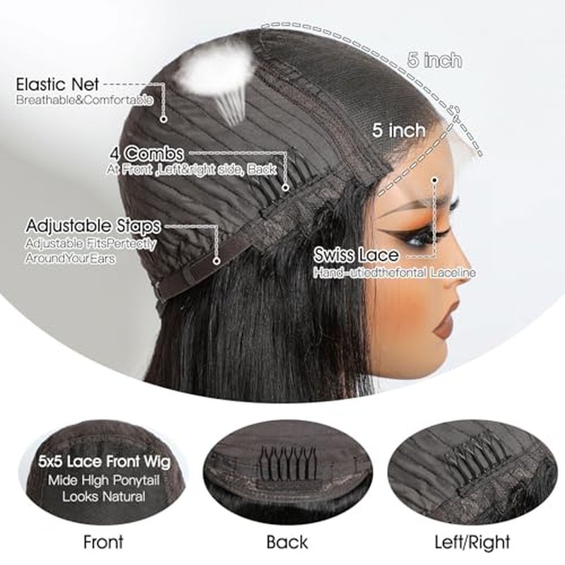 IWISH Glueless Wigs Human Hair Pre Plucked Pre Cut Brazilian Human Hair Wig Straight 5x5 HD Lace Closure for Women Natural Black Color 22 Inch