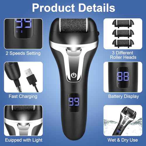 Electric Foot File Callus Remover for Feet - 9 pcs Roller Heads,2 Speed Foot Care Kit Waterproof Pedicure Tools,Rechargeable Foot Scrubber Pedicure kit for Dead Hard Cracked Dry Skin.