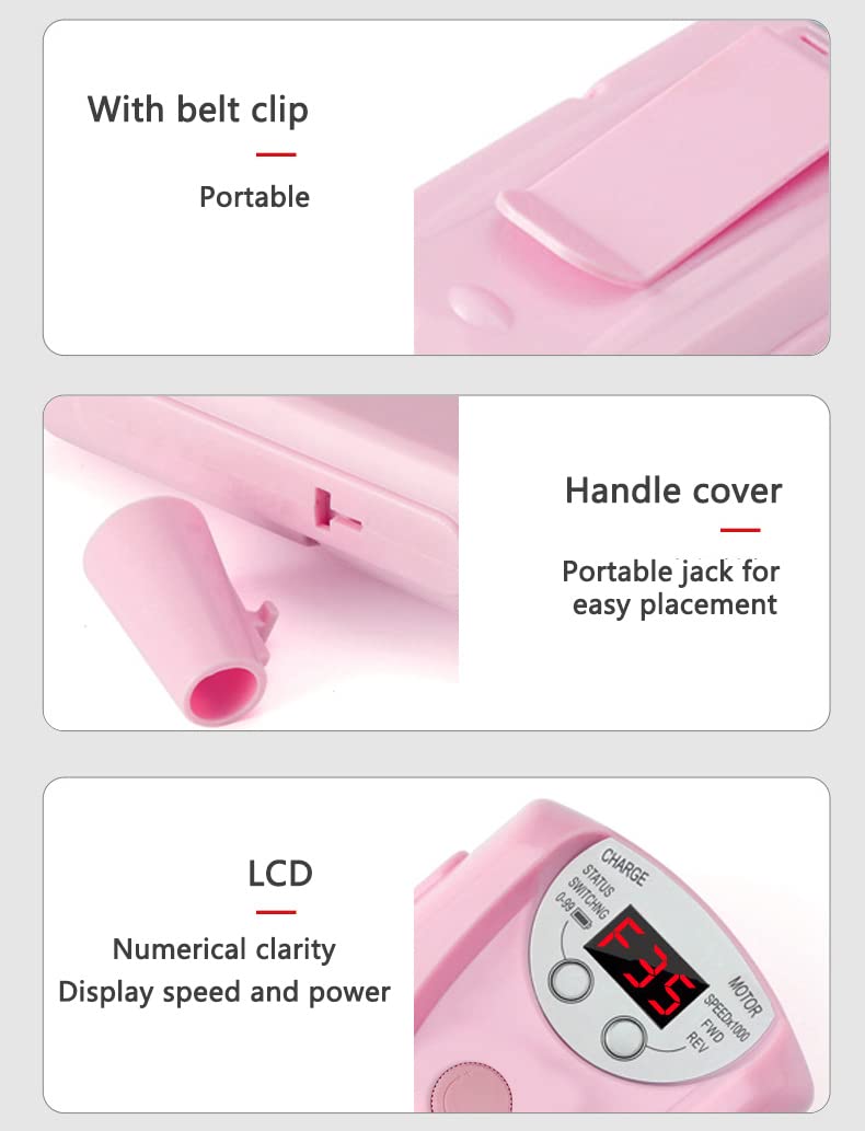 Electric Nail Drill Machine,Professional Rechargeable 35000 rpm Nail Drill, Portable Acrylic Gel Grinder Tools with 6 Bits and Sanding Bands,Manicure Pedicure Polishing Shape Tools Pink