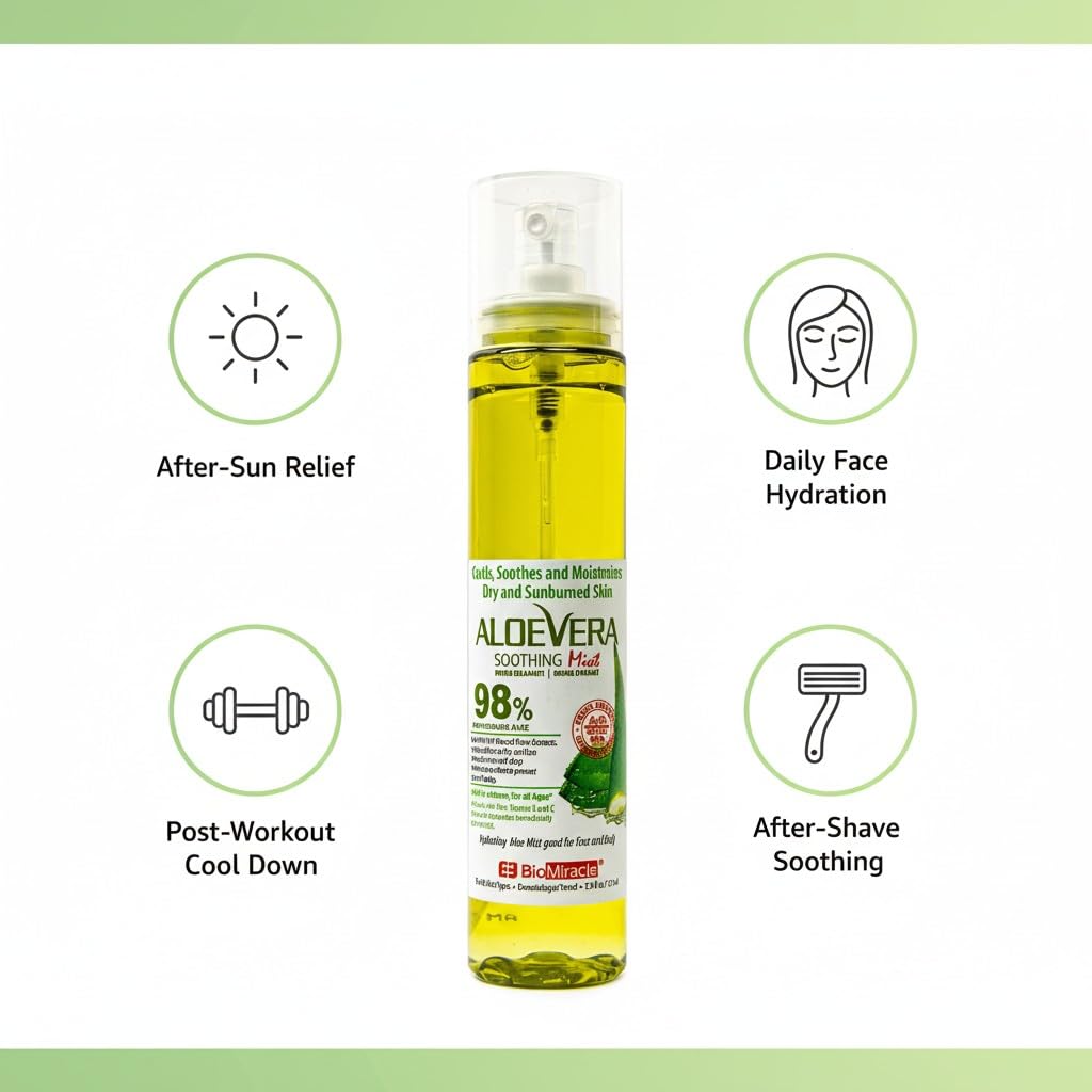 BioMiracle 98% Organic Aloe Vera Mist (3.9 oz) - Cooling Relief for Sunburn, Dry or Irritated Skin, Hydrating Spray with Vitamins C & E, 3-Pack