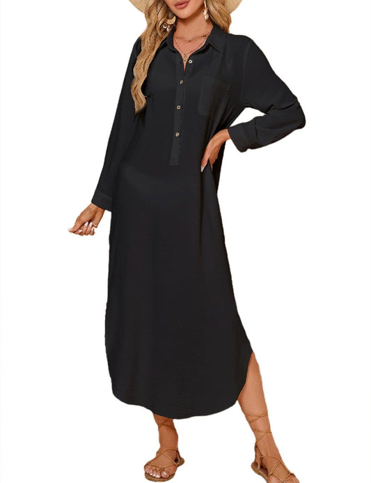 Bsubseach Long Beach Cover Ups for Women Button Down Bathing Suit Coverup Vacation Outfits Black M