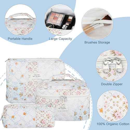Quilted Makeup Bag Set - 3 PCS Cute Floral Cotton Makeup Bag, Large Coquette Aesthetic Make up Cosmetic Bag, Flower Travel Toiletry Organizer Bags for Women Girls