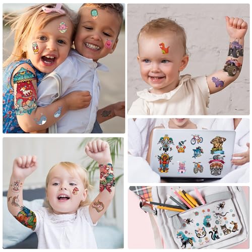 52 PCS Kids Full Arm Temporary Tattoos - Rocket Car Dinosaur Planet Astronaut & Dolphin Castle Cat Body Tattoos Stickers for Boys & Girls, Party Supplies Gifts