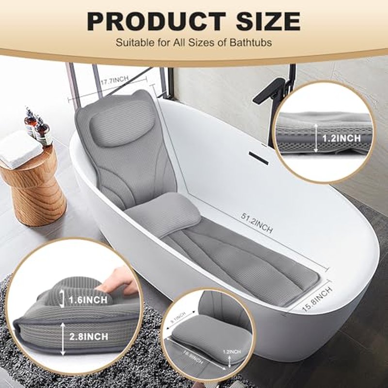 Extra Long Thick Full Body Bath Pillow for Tub with Lumbar Pillow- Luxury 4D Air Mesh Bathtub Pillow with Head, Shoulder & Back Support, Non-Slip Bath Cushion with Suction Cups, Fits All Tubs-Gray