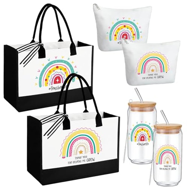 Hushee 6 Pcs Teacher Appreciation Gift for Women Include 2 Set Teacher Tote Bag Tumbler and Makeup Bag